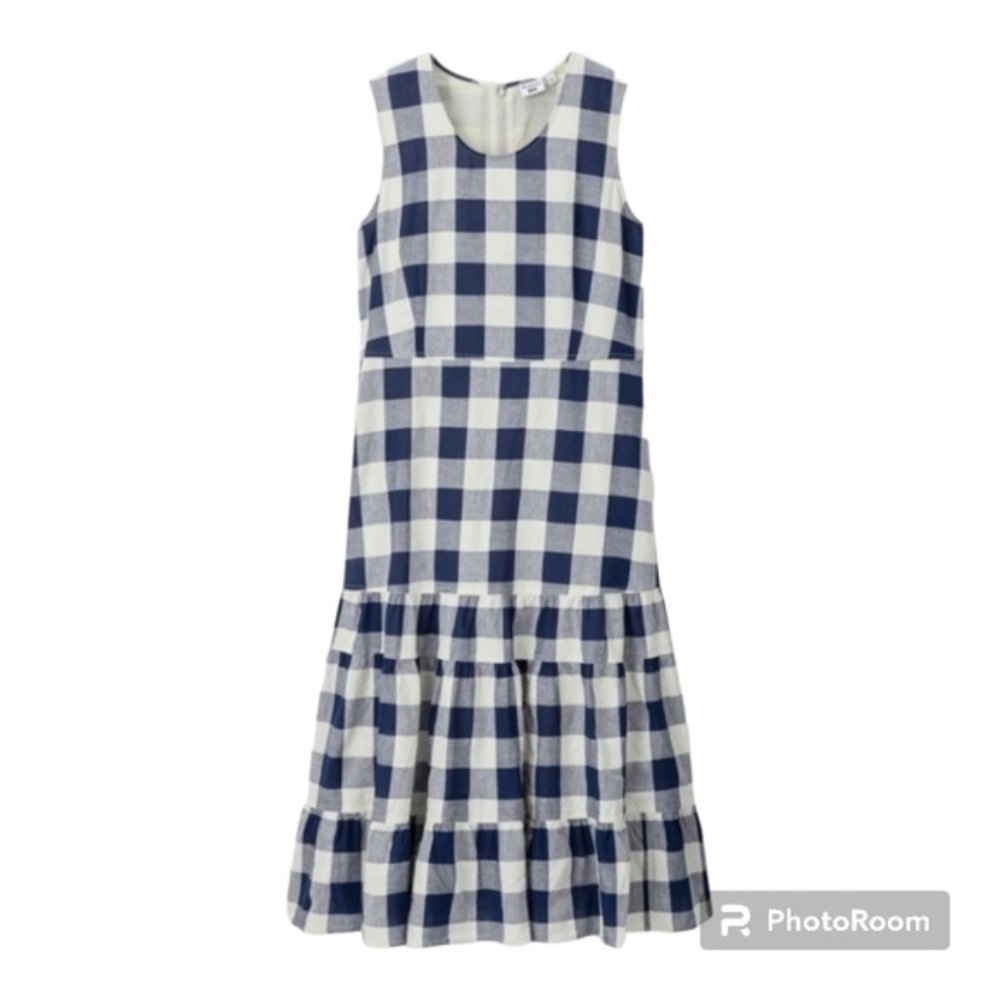 JW Anderson Uniqlo blue white gingham ruffle bottom midi dress